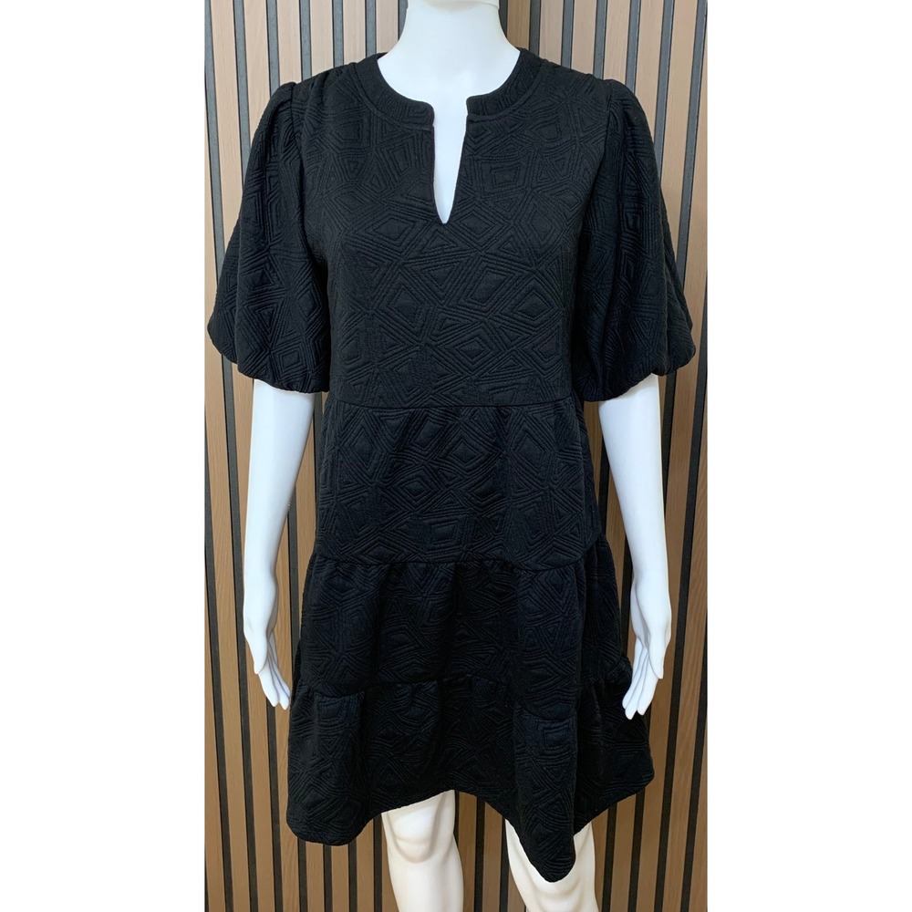 THML Black Textured Geometric Jacquard Tiered Mini Dress Puff Sleeve XS
